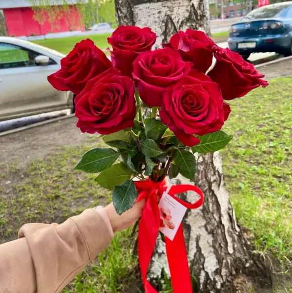 Букет из 7 красных роз под ленту